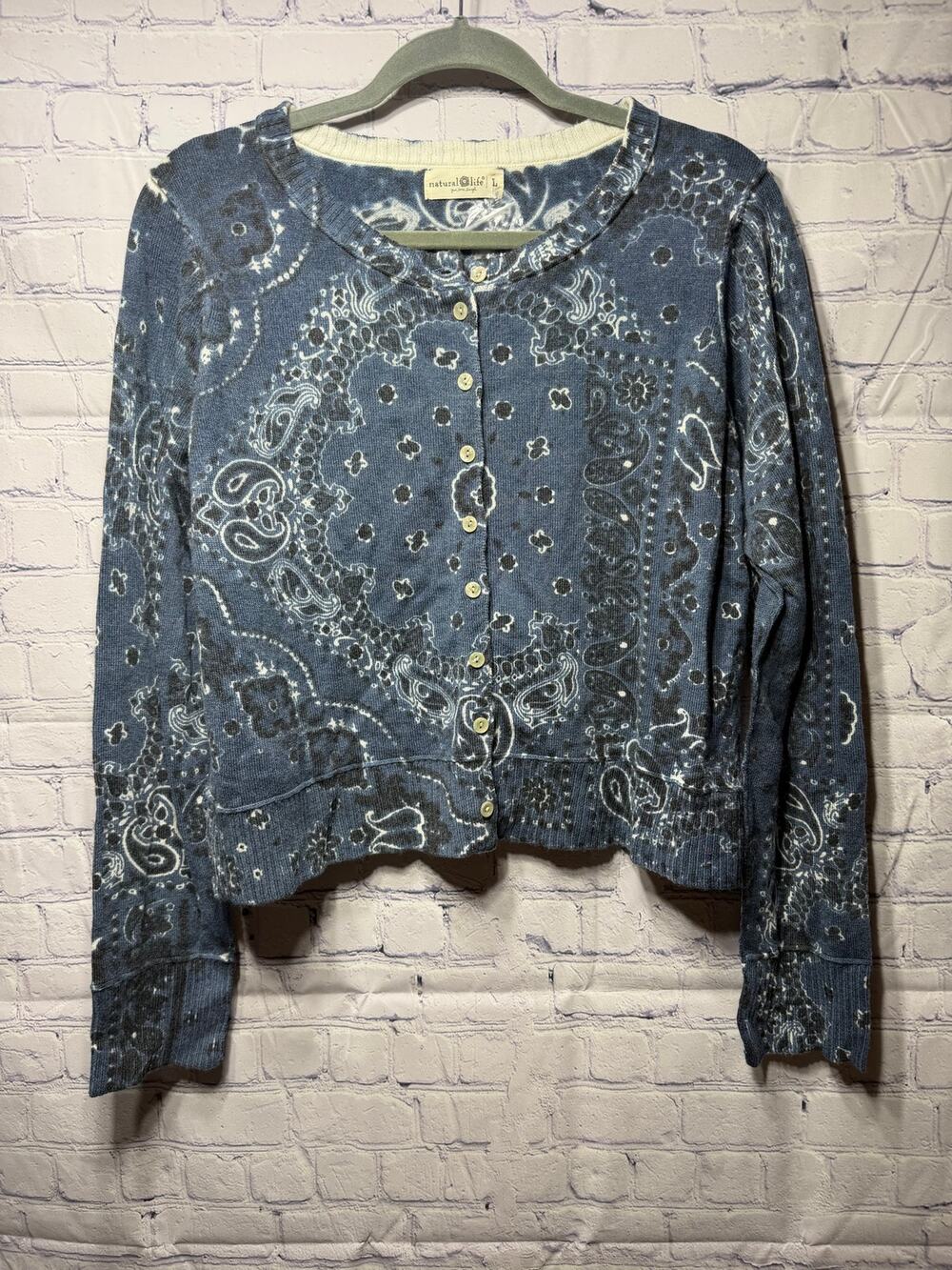 Natural Life Your Everyting Cardigan Sweater Bandana Patchwork Blue Sz M NWT